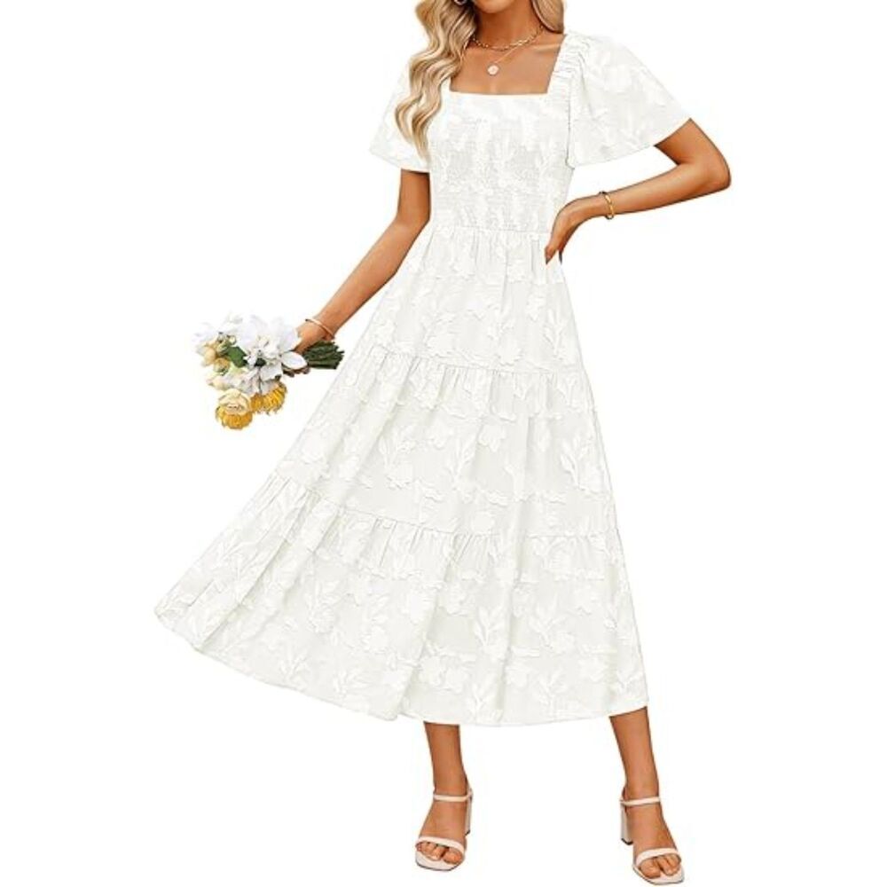 Women'White Square Neck A Line Short Sleeve Casual Summer Graduation Long Dress